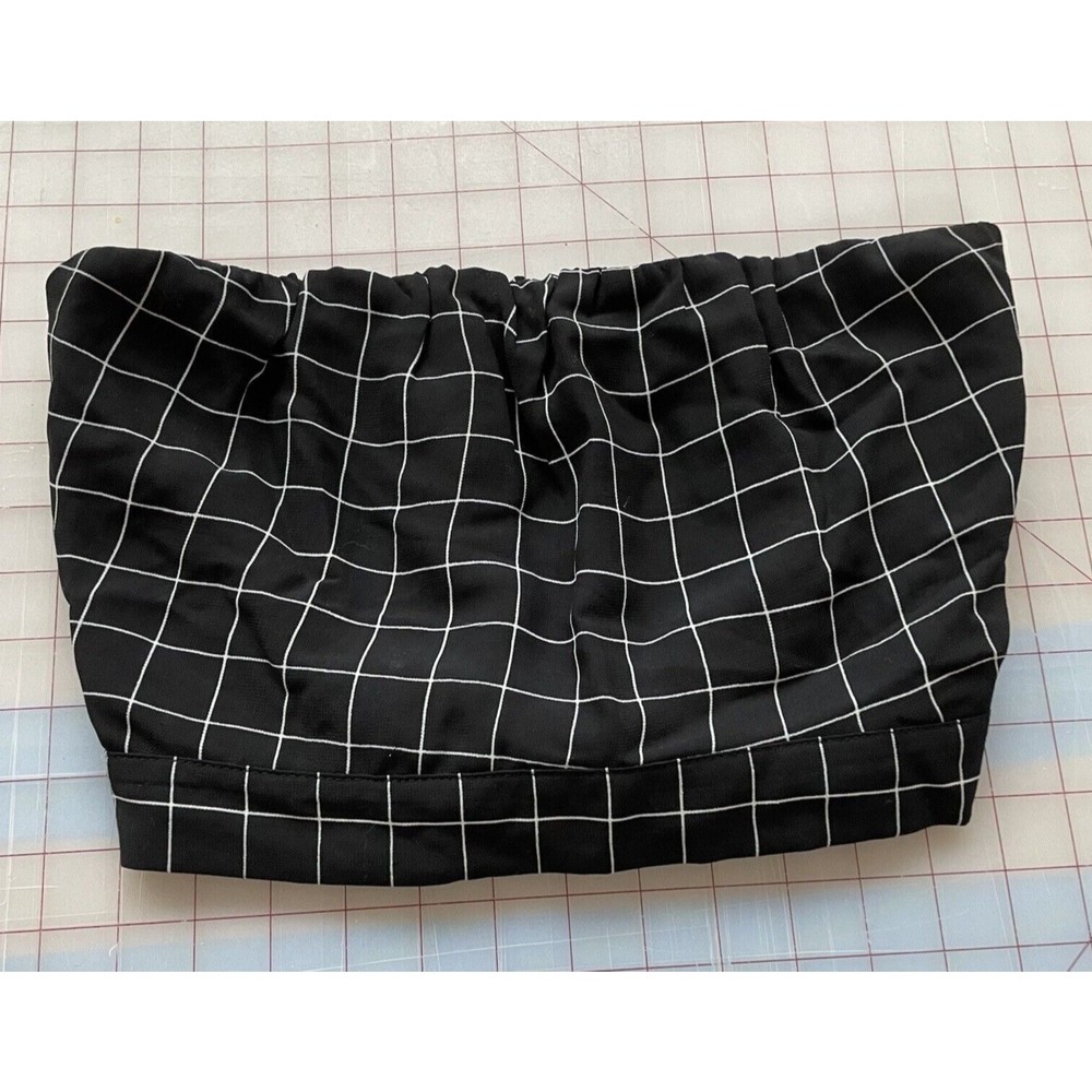 Do + Be Womens Small Black White Window Pane Strapless Top‎ Tie On Back
